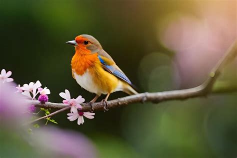 Un P Jaro Con Plumas Naranjas Y Azules Se Sienta En Una Rama Con Flores