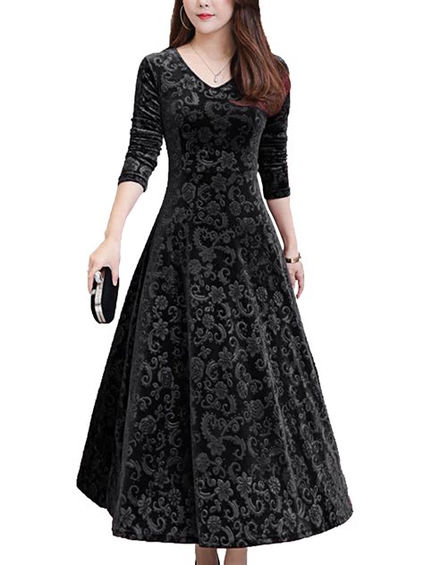 Himone Womens V Neck Velvet Formal Dress Women Autumn Winter Evening