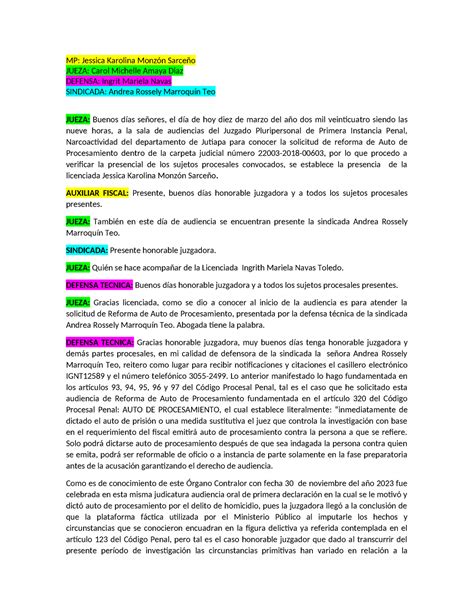 Reforma DEL AUTO DE Procesamiento MP Jessica Karolina Monzón Sarceño