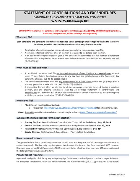 Wyoming Statement Of Contributions And Expenditures Candidate