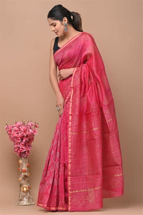 Hand Block Printed Chanderi Silk Sarees M Separate Blouse Piece