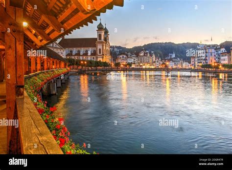 Evening Scene From The Picturesque Chapel Bridge Over The Reuss River