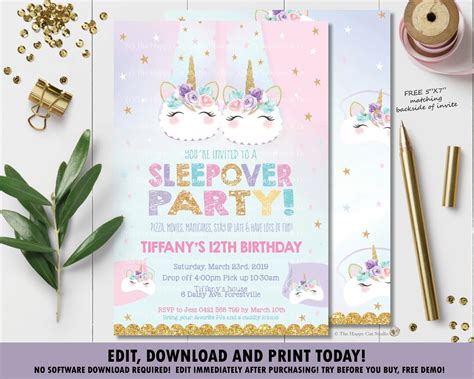 Unicorn Sleepover Invitation Unicorn Slumber Party Invite Pajama