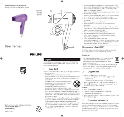 Philips HP8100/46 Hair Dryer User Manual - Safety Instructions ...