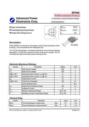 IRF840 MOSFET Datasheet Pdf Equivalent Cross Reference Search