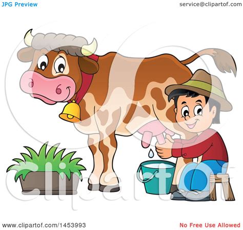 Clipart of a Happy Farmer Boy Milking a Cow - Royalty Free Vector ...