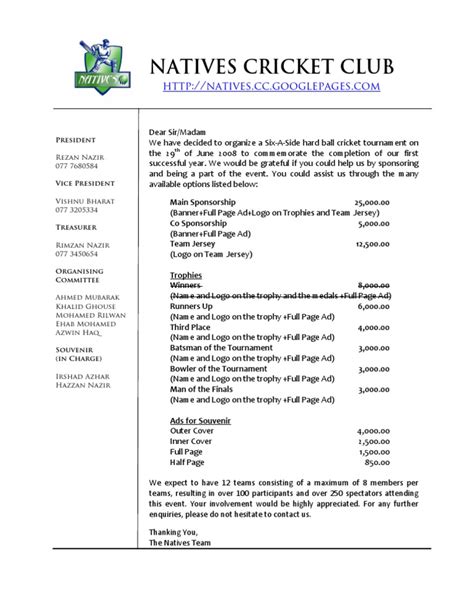 Sponsorship Request Letter For Cricket Team Telegraph