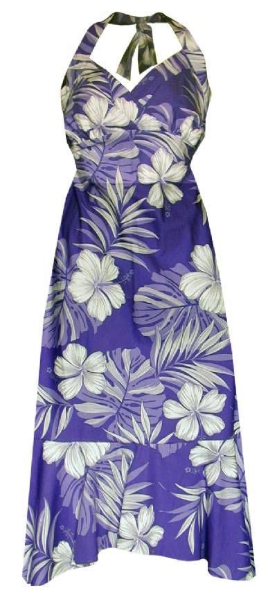 Hibiscus Passion Hawaiian Print Halter Strap Dress In Purple Womens