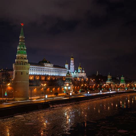 Moscow Kremlin And Kremlin Embankment At Night Square Photograph By