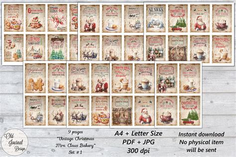 9 Pg Mrs Claus Christmas Cards Set 1 A4 Us Letter Size Vintage Shabby Chic Printable Junk