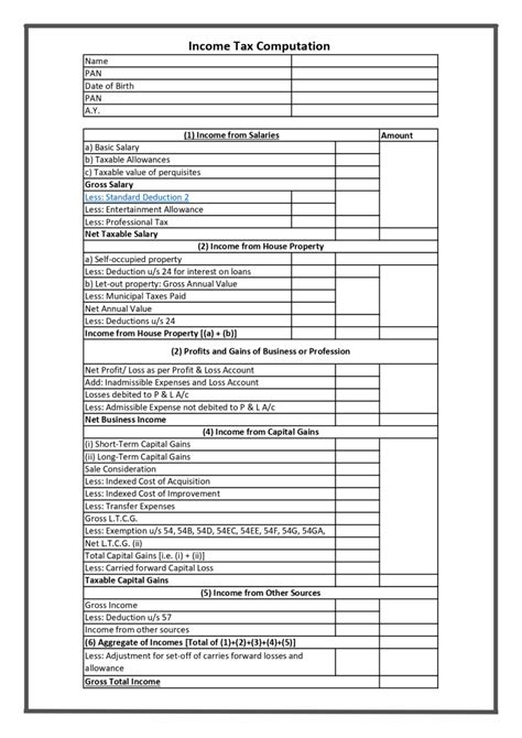 Income Tax Computation Format Pdf Tax Calculation Sheet