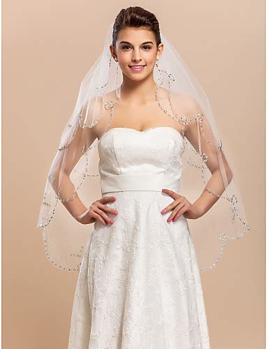 Two Tier Tulle Fingertip Wedding Length Veil With Beaded Scalloped