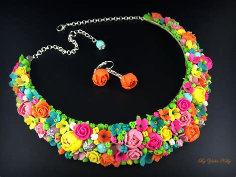 Colorful Floral Necklace Polymer Clay Flowers Jewelry Etsy