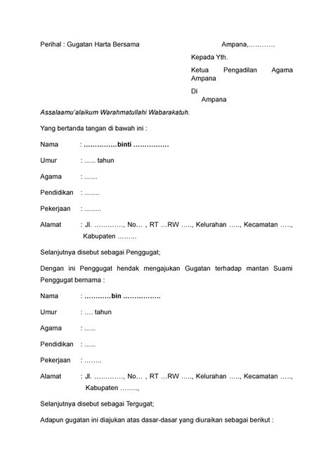 12format Gugatan Harta Bersama Law Studocu