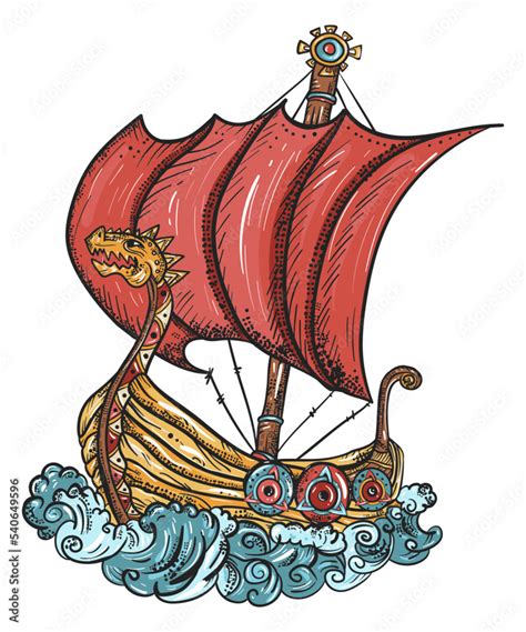 Viking Boat Drakkar Ship Old School Tattoo Vector Art Hand Drawn