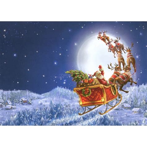 Santa, Sleigh and Reindeer Flying in Moonlit Sky Christmas Card ...