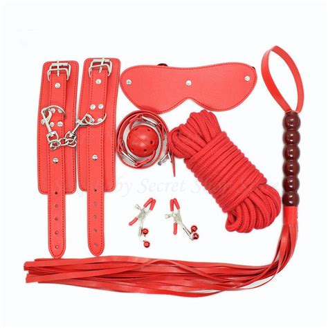 6pcsset Adult Game Red Pu Leather Handcuffs Whip Mouth Gag Sex Mask Nipple Clamps Role Bondage