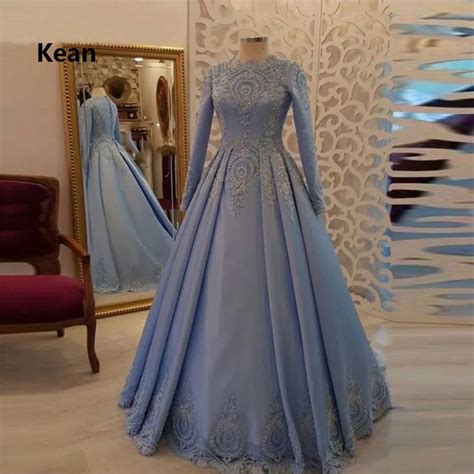 Blue Muslim Evening Dress Full Sleeve Applique Vestidos Islamic Dubai