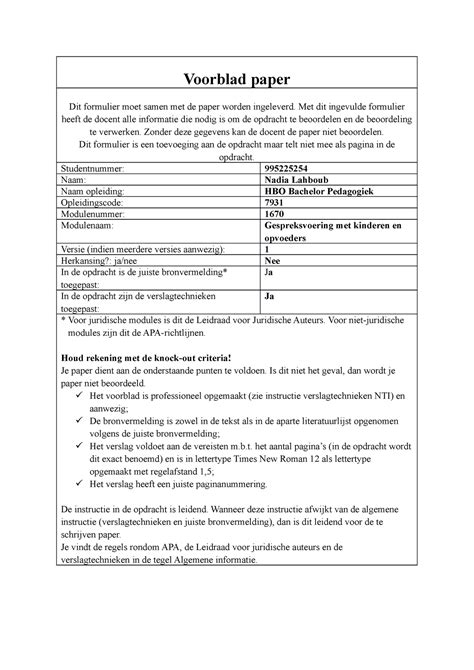 Paper Gesprekvoering Voorblad Paper Dit Formulier Moet Samen Met De