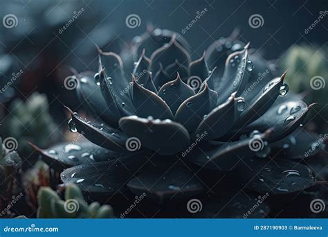 Green Succulent Plant With Water Drops A Striking Macro Shot Stock