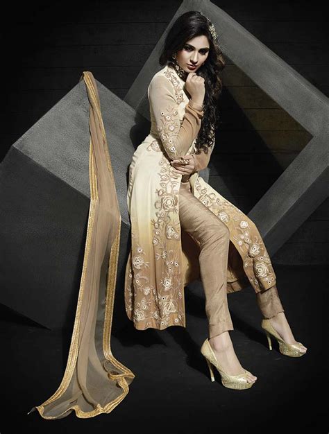 Faux Georgette Party Wear Salwar Kameez In Beige And Brown With Resham