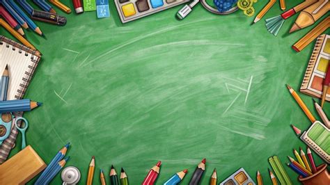 Green Chalkboard With Colorful Pencils And School Supplies Premium Ai