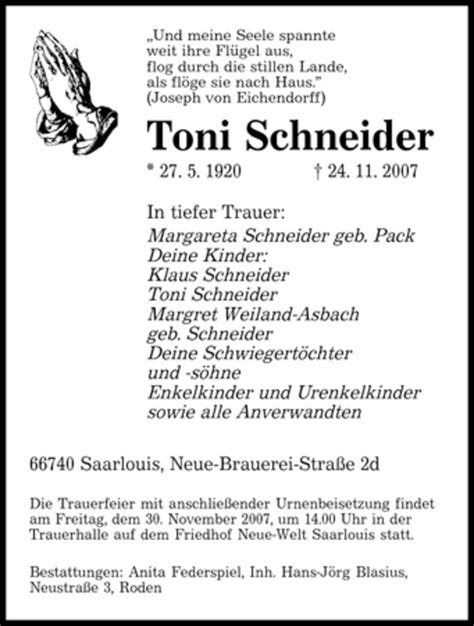 Traueranzeigen Von Toni Schneider Saarbruecker Zeitung Trauer De