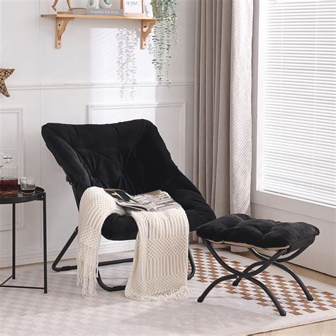 Tiita Saucer Chair With Ottoman Soft Faux Fur Oversized Folding Accent