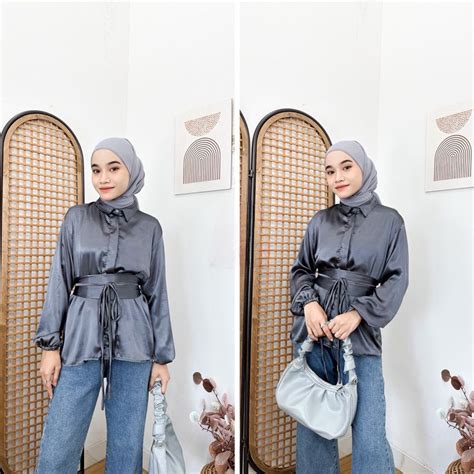 Jual Nafisa Shimmer Blouse Polos Free Obi Belt Baju Atasan Wanita