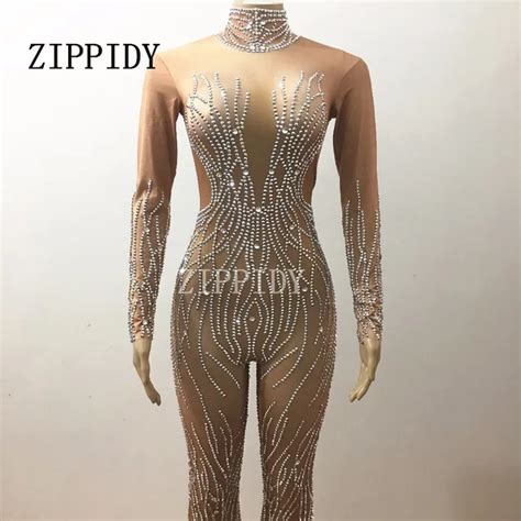 Glisten Silver Crystals Full Rhinestones Sexy Jumpsuit Evening Party Wear Dj Ds Costume