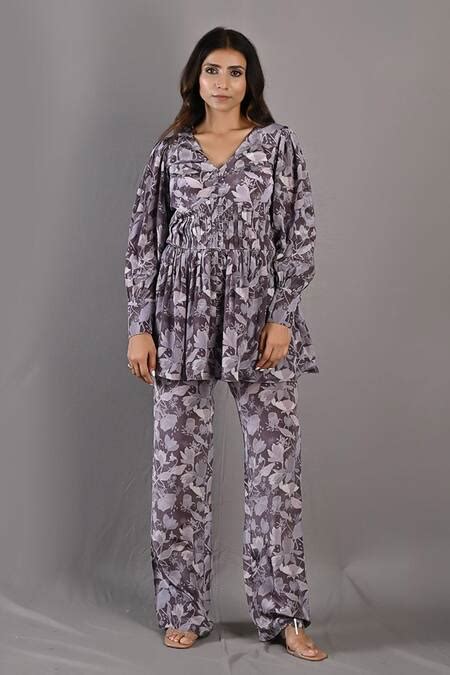 Buy Purple Crepe Printed Floral V Neck Orquidea Peplum Top And Pant Set