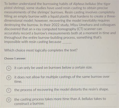 Solved To Better Understand The Burrowing Habits Of Alpheus Bellulus