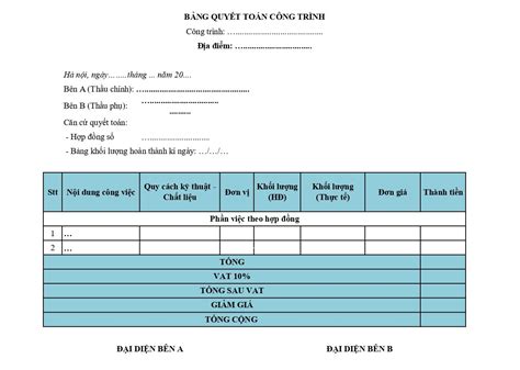 Mẫu Quyết Toán Công Trình