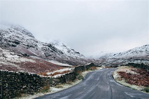 Mountain Road Covered In Slush And Ice After A Recent Snowfall By