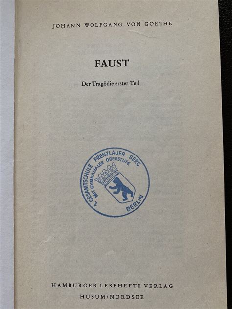 Buch Johann Wolfgang Von Goethe Faust Erster Teil Hamburger