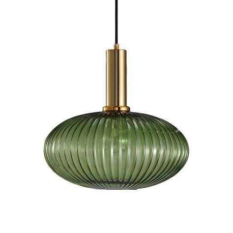 Gold Oval Pendant Lamp Modernist 1 Light Green Ribbed Glass Ceiling