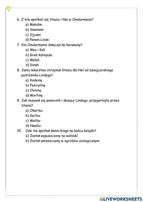 Test Wyboru Z Lektury W Pustyni I W Puszczy Worksheet Workbook