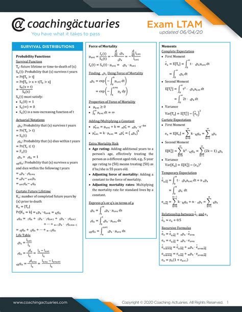 Ltam Formula Sheet Formula Sheet Coachingactuaries Copyright 2020