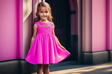 Premium Photo | A little girl in a pink dress stands in front of a pink ...