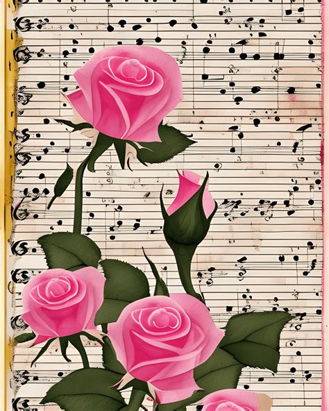 Vintage Sheet Music Pink and White Roses Gold Butterfly · Creative Fabrica