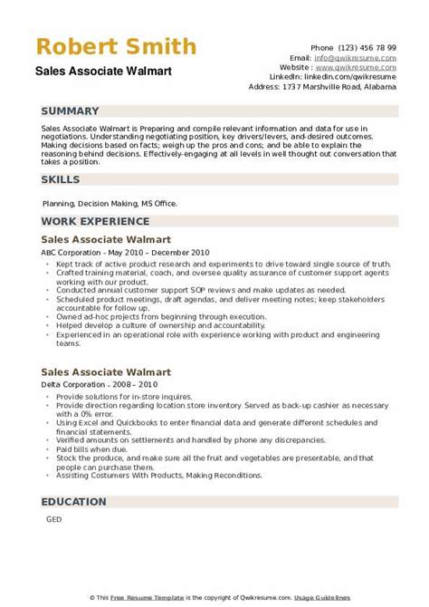 Sales Associate Walmart Resume Samples Qwikresume