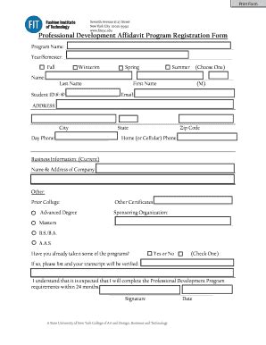 Fillable Online Fitnyc Professional Development Affidavit Program