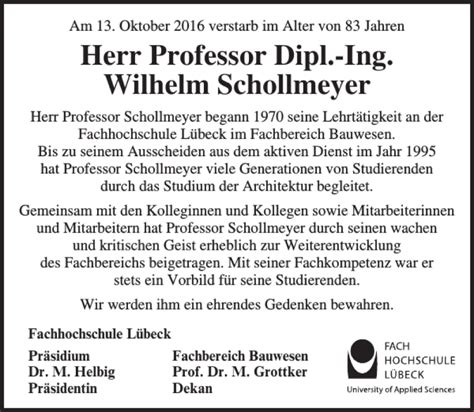 Traueranzeigen Von Professor Dipl Ing Wilhelm Schollmeyer Trauer