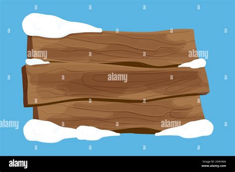 Old Wooden Blank Signboard With Snow In Cartoon Style Empty Frame