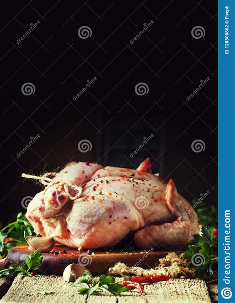 Raw Whole Chicken With Spices And Marinade Gray Background Top Stock