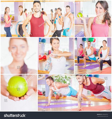 Collage With Several Photos Of Happy Group Of People Doing Sports Fitness Exercise Pilates