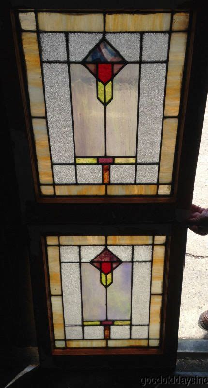 Pair Of Chicago Bungalow Stained Leaded Glass Window Craftsman Style Leaded Glass Craftsman