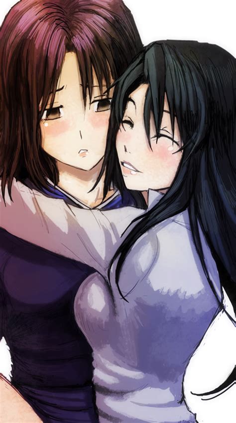 Safebooru 2girls Artist Request Black Hair Blush Brown Eyes Brown Hair Closed Eyes Hug Kokutou