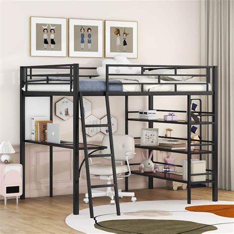 Black Full Size Metal Loft Bed w/ 3 Layers of Shelves and Desk, Metal Frame Loft Bed with ...