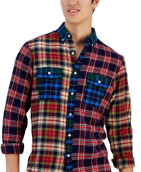 Club Room Mens Regular Fit Pieced Colorblocked Mixed Plaid Flannel